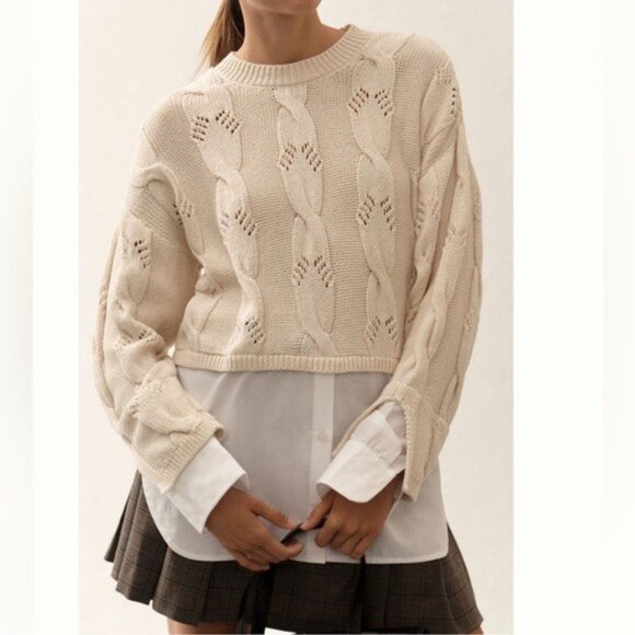 NWT Size M (P2P 24") - Anthropologie 100% cotton cable knit twofer Sweater Ivory - Picture 3 of 8